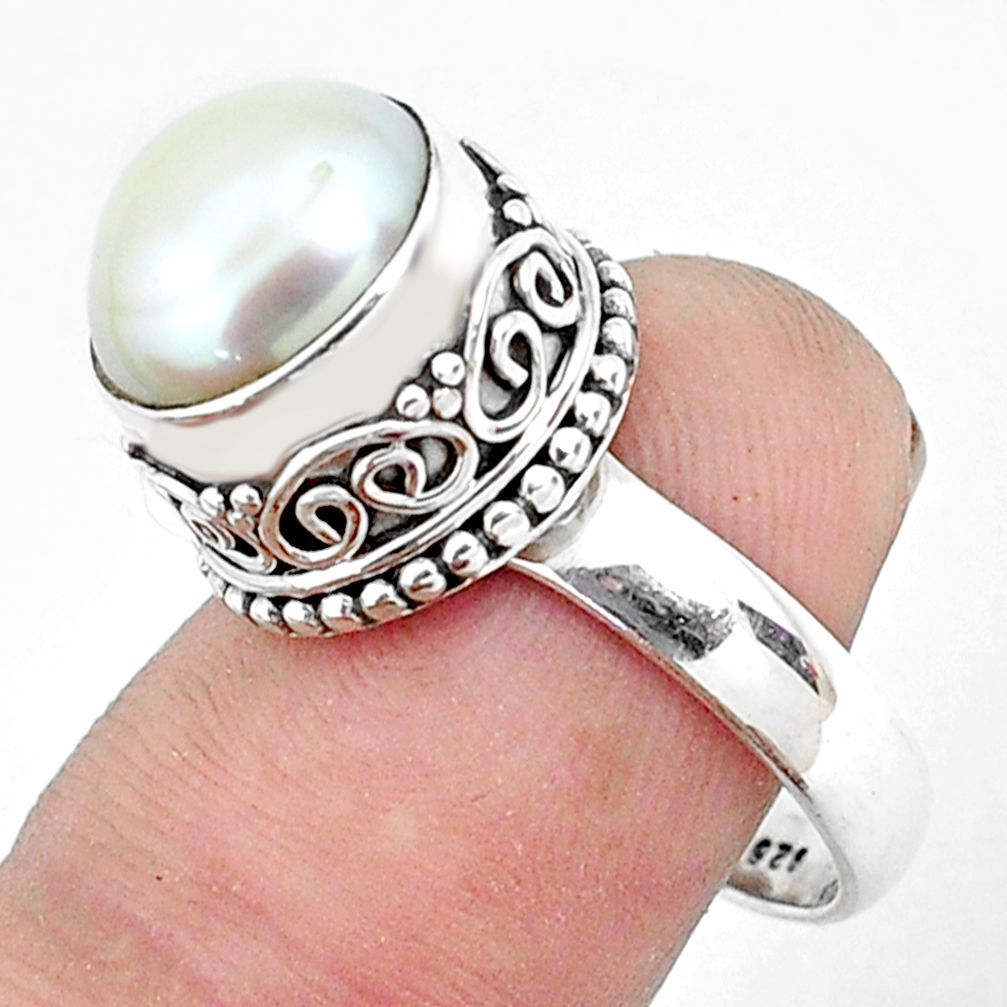 5.63cts natural white pearl 925 sterling silver solitaire ring size 8.5 p47341