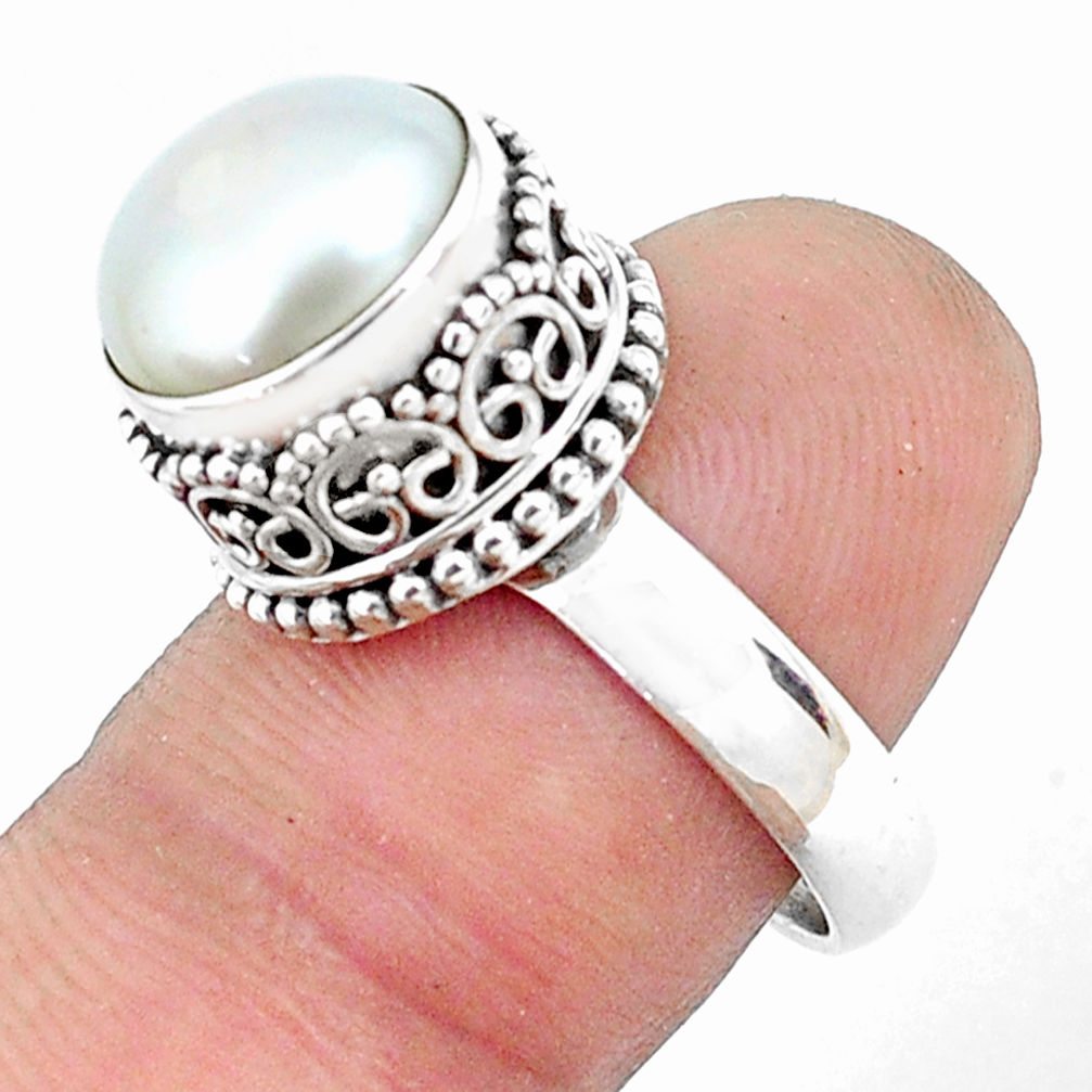 6.20cts natural white pearl 925 sterling silver solitaire ring size 8.5 p47351