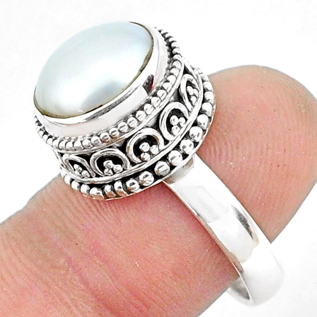 6.20cts natural white pearl 925 sterling silver solitaire ring size 6.5 p47449