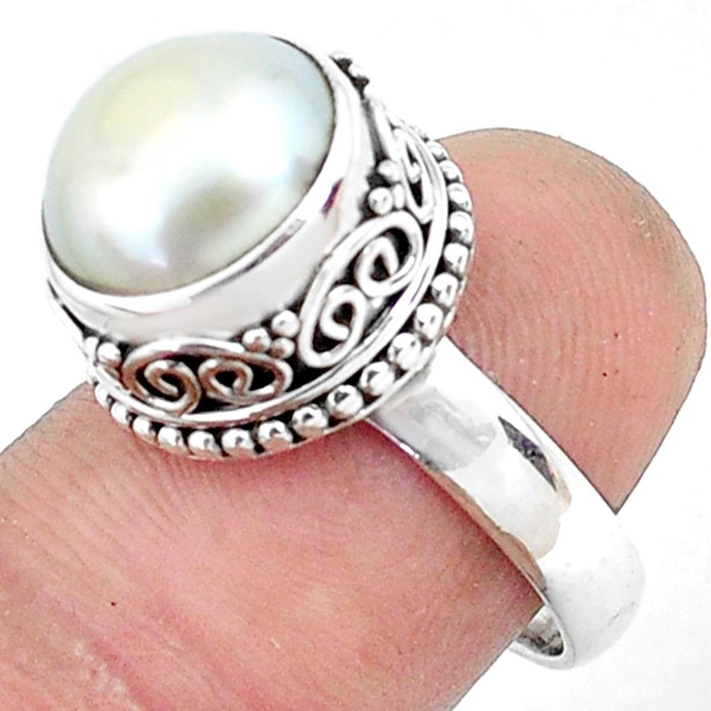 6.53cts natural white pearl 925 sterling silver solitaire ring size 6.5 p47451