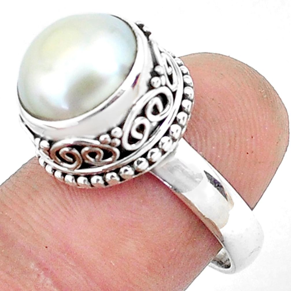 6.18cts natural white pearl 925 sterling silver solitaire ring size 8.5 p47452