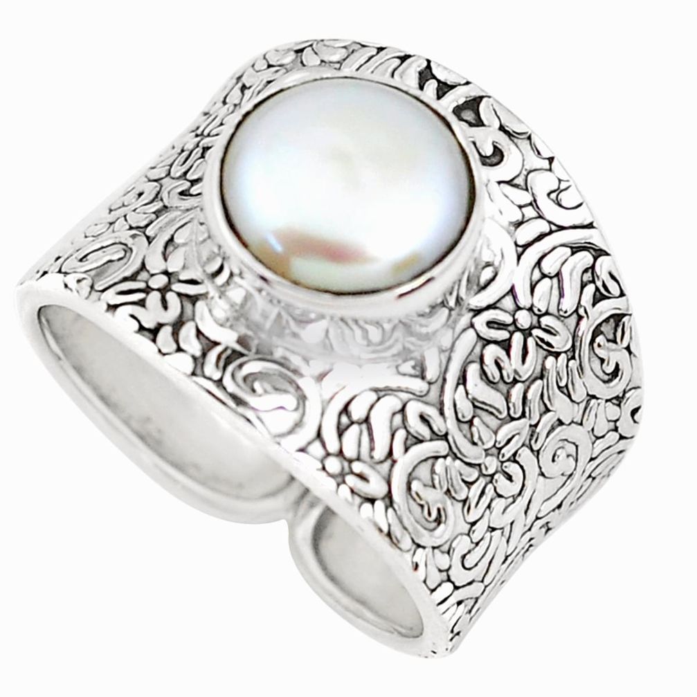 5.12cts natural white pearl 925 sterling silver solitaire ring size 8.5 p51046