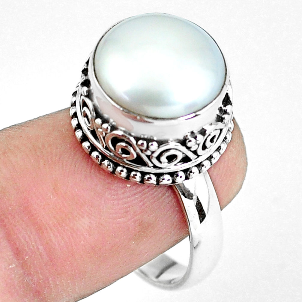 6.20cts natural white pearl 925 sterling silver solitaire ring size 8 p60434