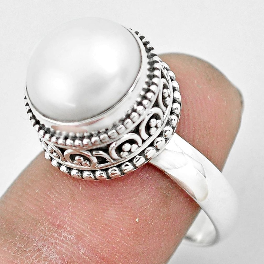 6.72cts natural white pearl 925 sterling silver solitaire ring size 8 p61682