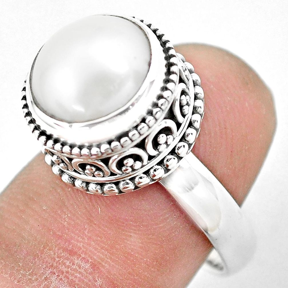 6.73cts natural white pearl 925 sterling silver solitaire ring size 7.5 p61685