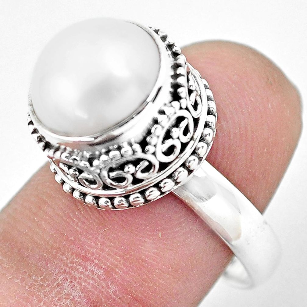 6.55cts natural white pearl 925 sterling silver solitaire ring size 8 p61692
