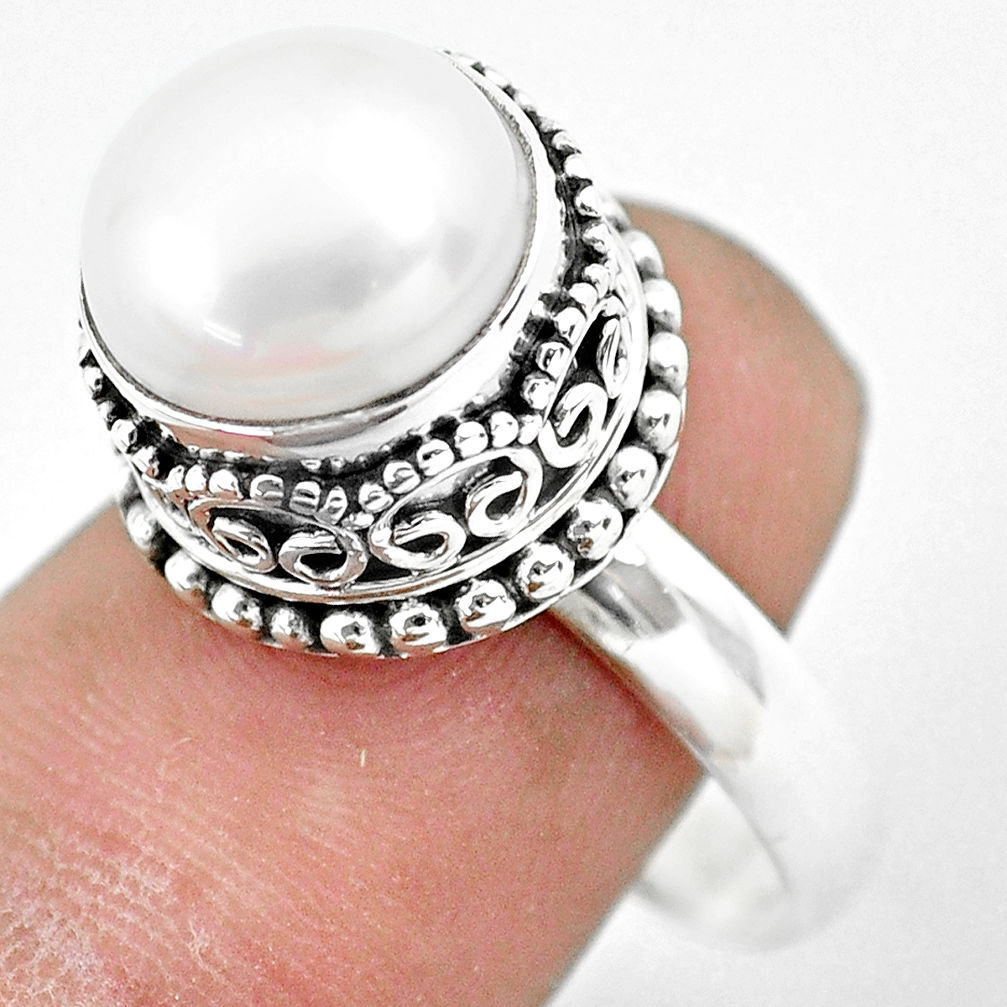 6.20cts natural white pearl 925 sterling silver solitaire ring size 8.5 p61694