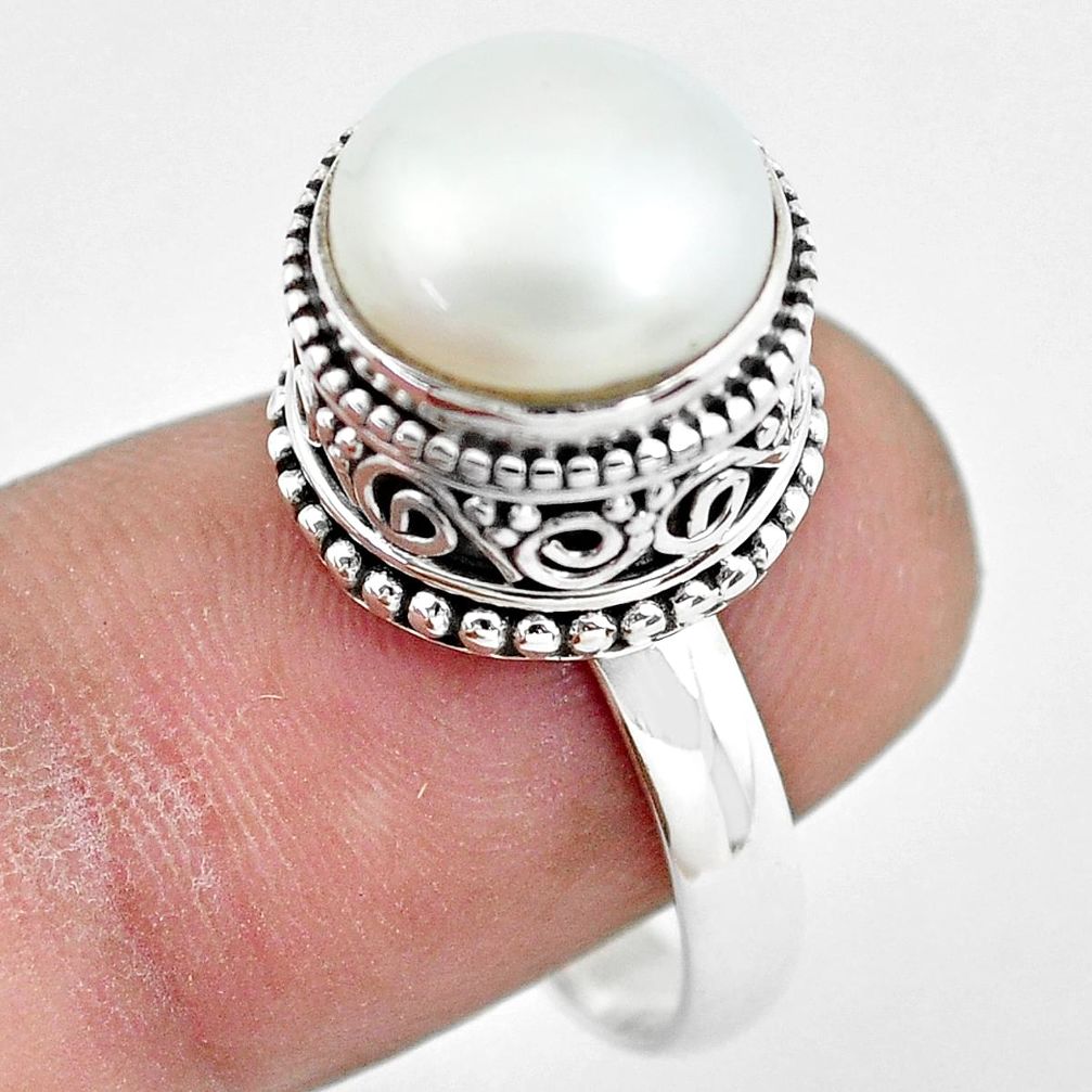 6.31cts natural white pearl 925 sterling silver solitaire ring size 8.5 p61699