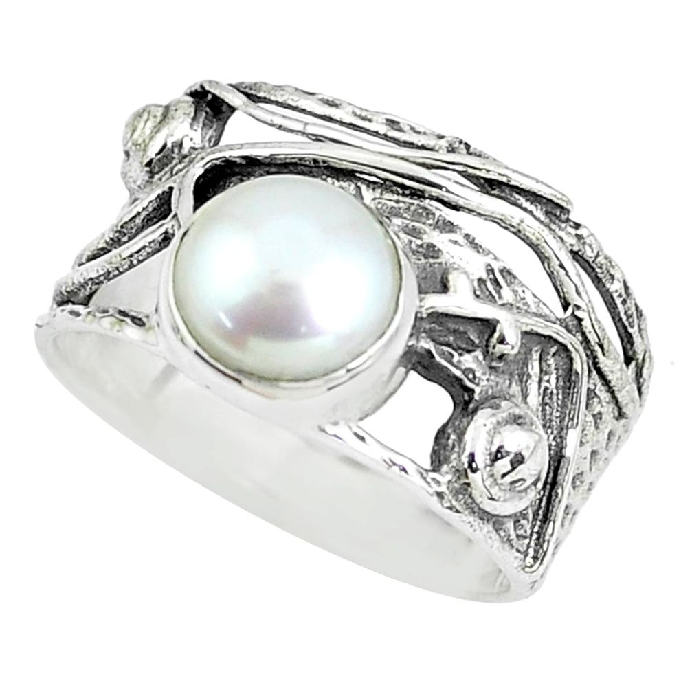 3.41cts natural white pearl 925 sterling silver solitaire ring size 8 p61903