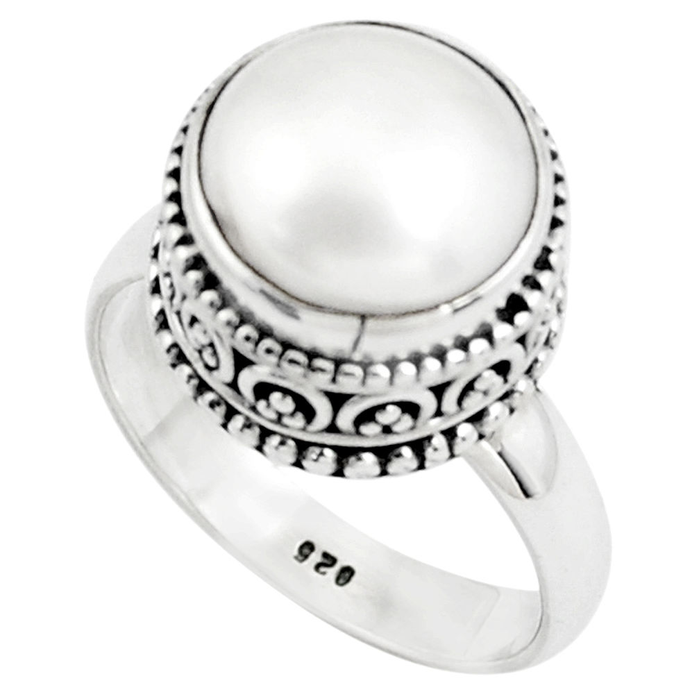 7.09cts natural white pearl 925 sterling silver solitaire ring size 7.5 p78995