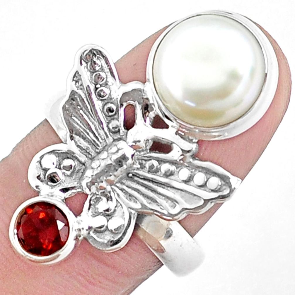 6.08cts natural white pearl garnet 925 silver butterfly ring size 8 p42918