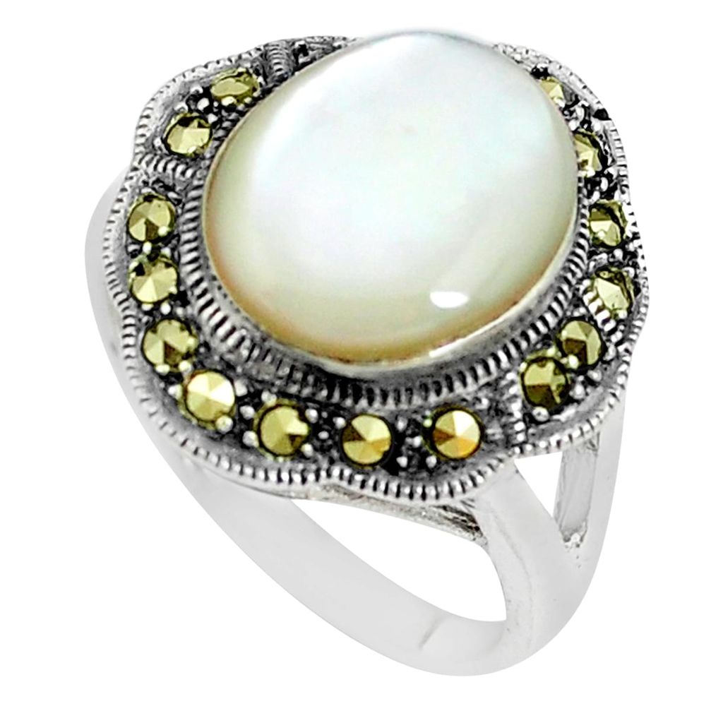 5.95cts natural white pearl marcasite 925 silver solitaire ring size 6.5 c2929