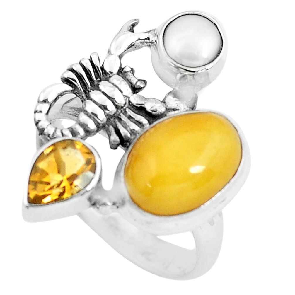 6.89cts natural yellow amber bone 925 silver scorpion charm ring size 8 p61014