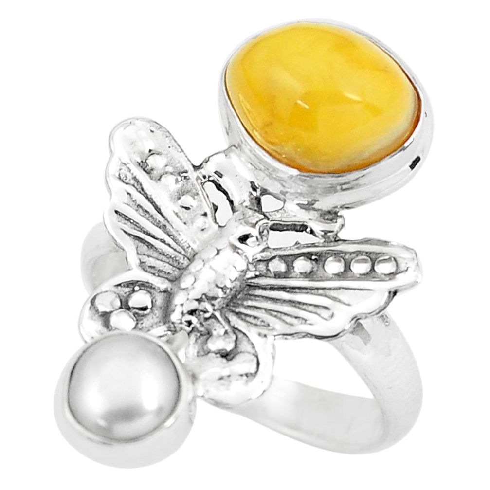 5.53cts natural yellow amber bone pearl 925 silver butterfly ring size 8 p61007