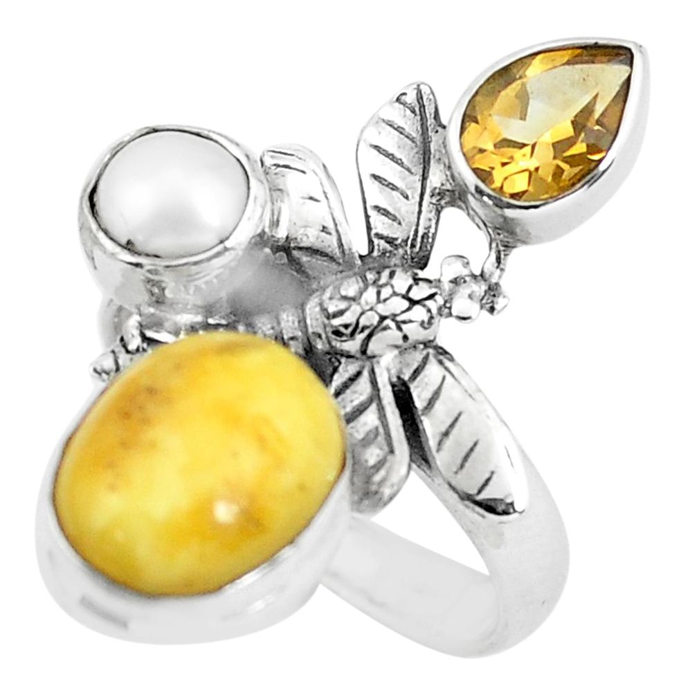 7.40cts natural yellow amber bone pearl 925 silver dragonfly ring size 7 p61002