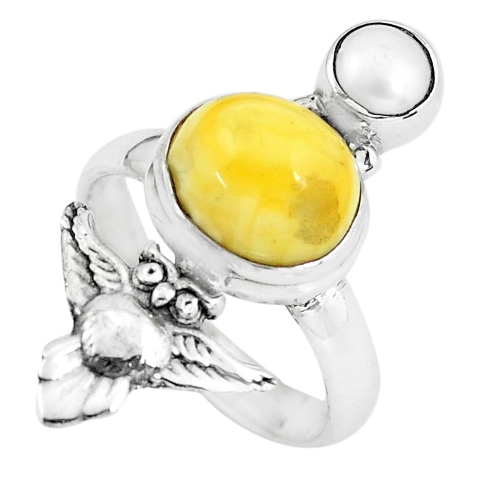 5.31cts natural yellow amber bone pearl 925 silver owl ring size 7.5 p61019