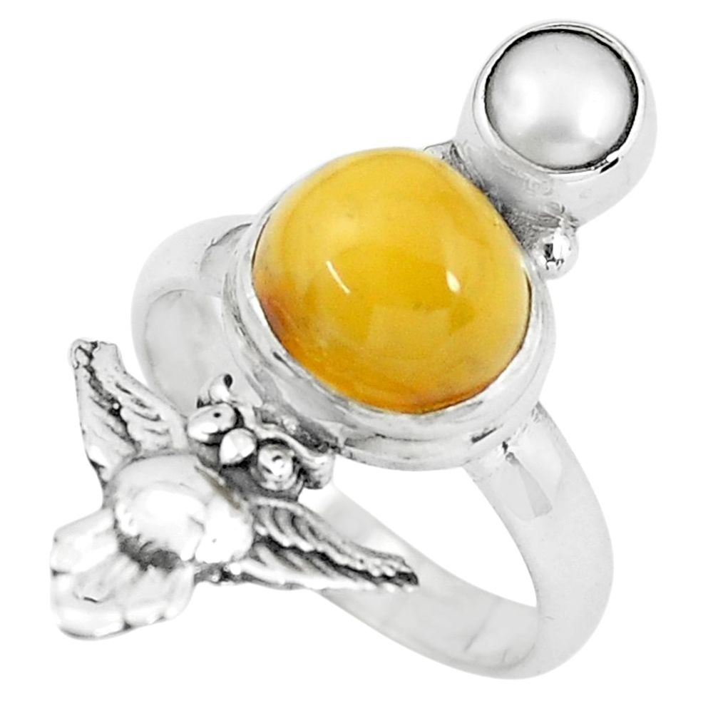 5.27cts natural yellow amber bone white pearl 925 silver owl ring size 7 p61006