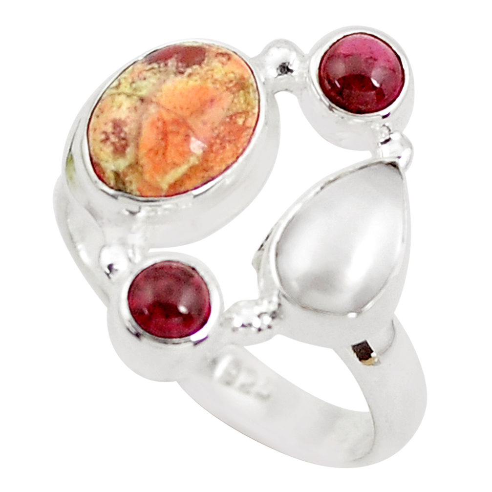 6.83cts natural yellow brecciated mookaite pearl 925 silver ring size 7.5 p52582