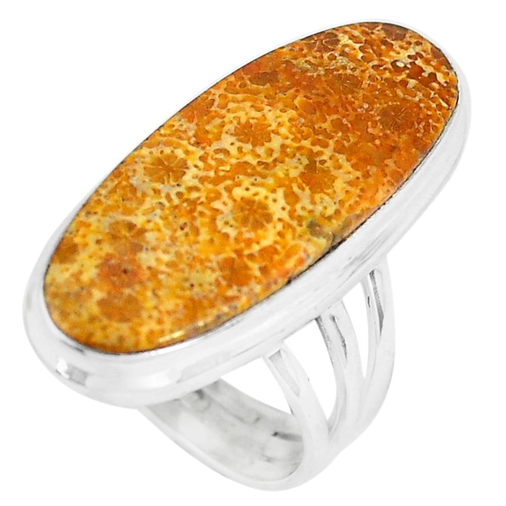 Natural yellow fossil coral petoskey stone silver solitaire ring size 6 d31334
