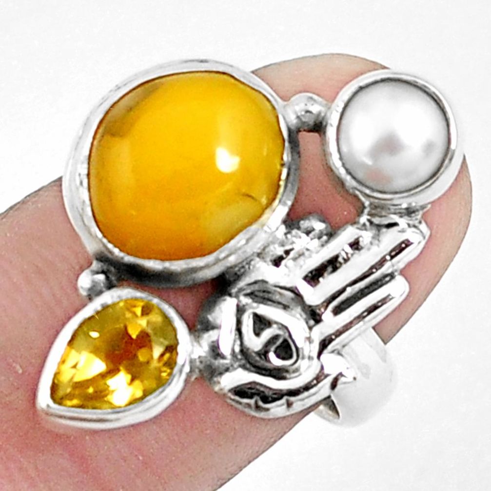 8.42cts natural yellow opal 925 silver hand of god hamsa ring size 7 p42627