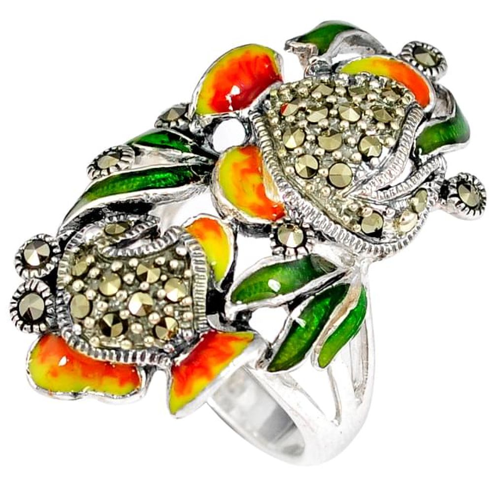 Orange green enamel marcasite 925 sterling silver ring jewelry size 6.5 h49946