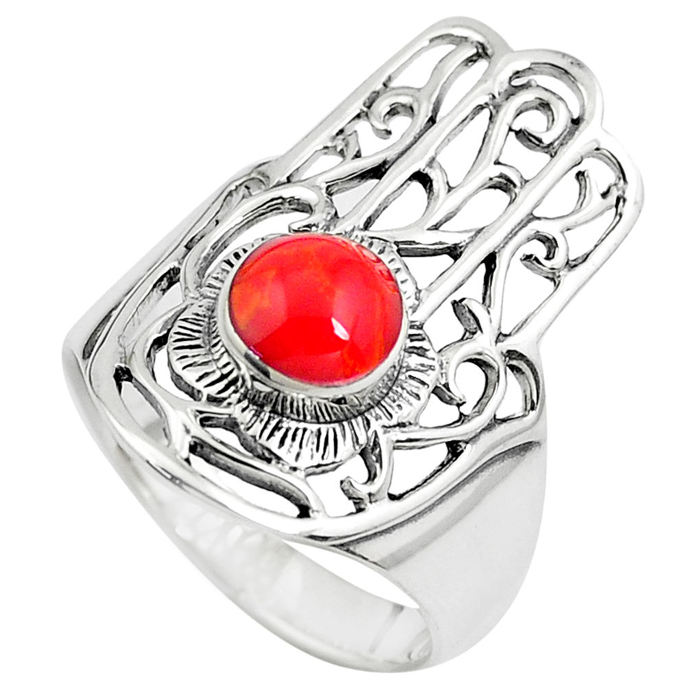 1.31cts red coral 925 sterling silver hand of god hamsa ring size 8 c1575