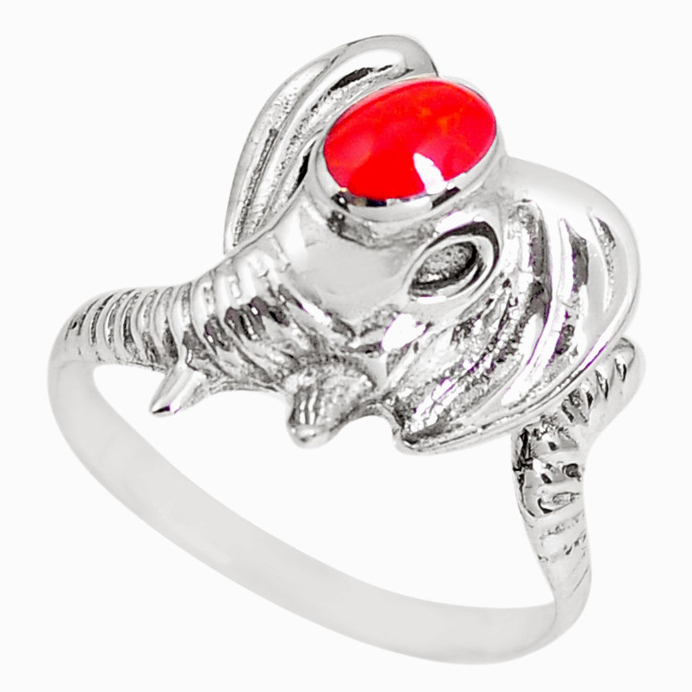 4.89gms red coral enamel 925 sterling silver elephant ring jewelry size 10 c2996