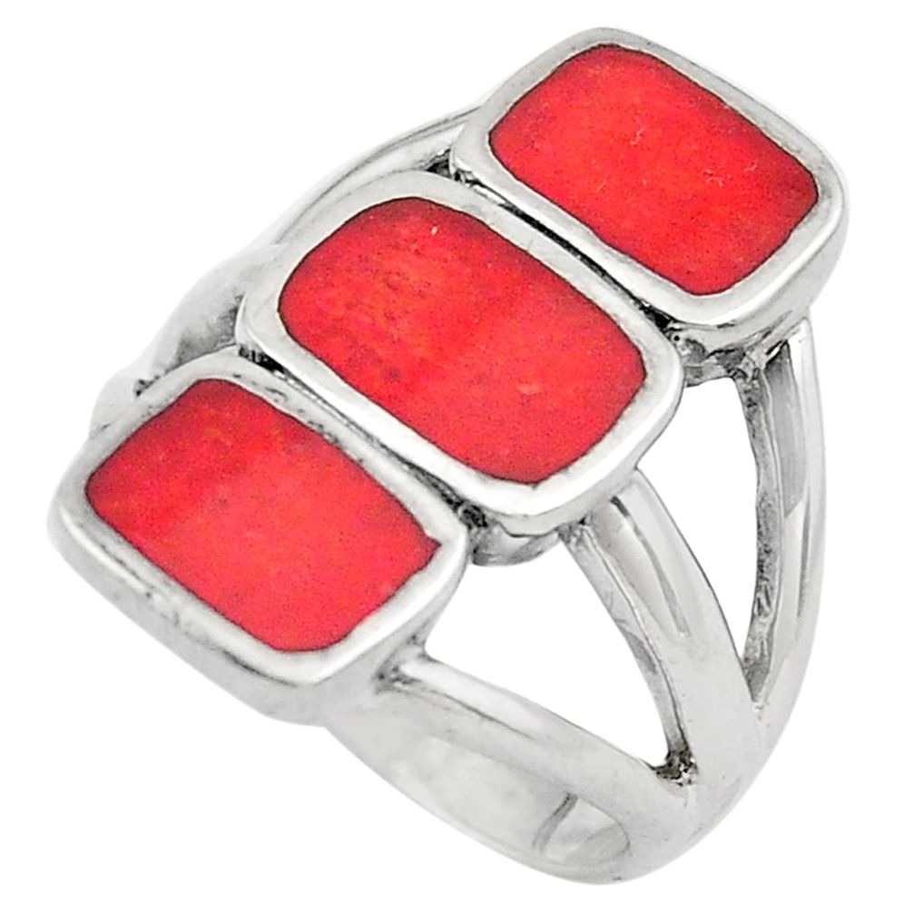 7.48gms red coral enamel 925 sterling silver ring jewelry size 6.5 c4215