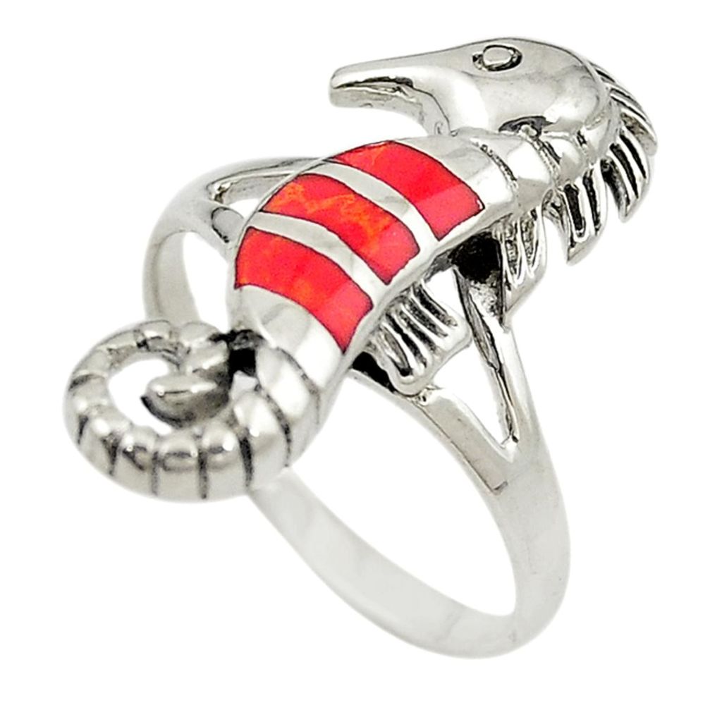 Red coral enamel 925 sterling silver seahorse ring jewelry size 8.5 a73090