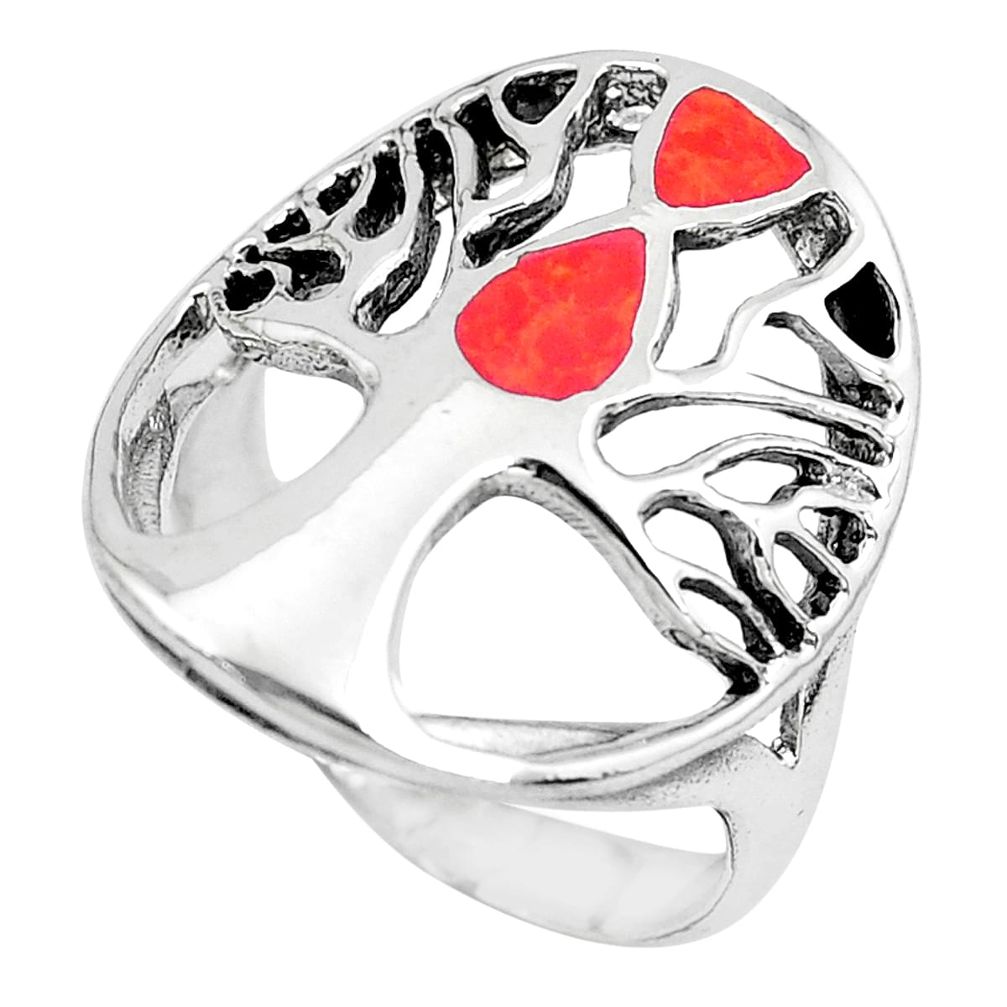 5.69gms red coral enamel 925 sterling silver tree of life ring size 8.5 c1579