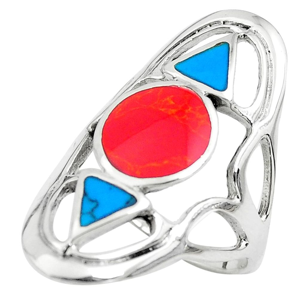 6.48gms red coral turquoise enamel 925 sterling silver ring jewelry size 8 c1561