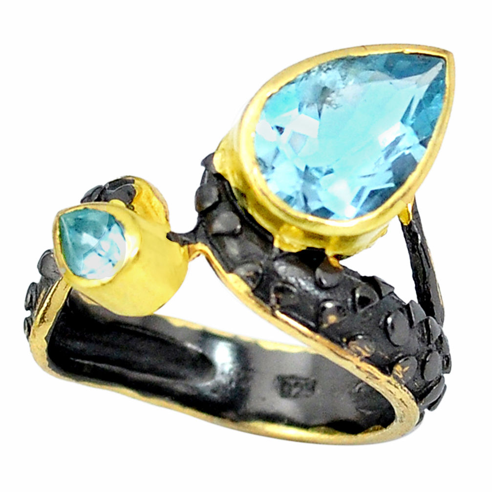 6.62cts rhodium natural blue topaz 925 silver 14k gold ring size 8 p32752