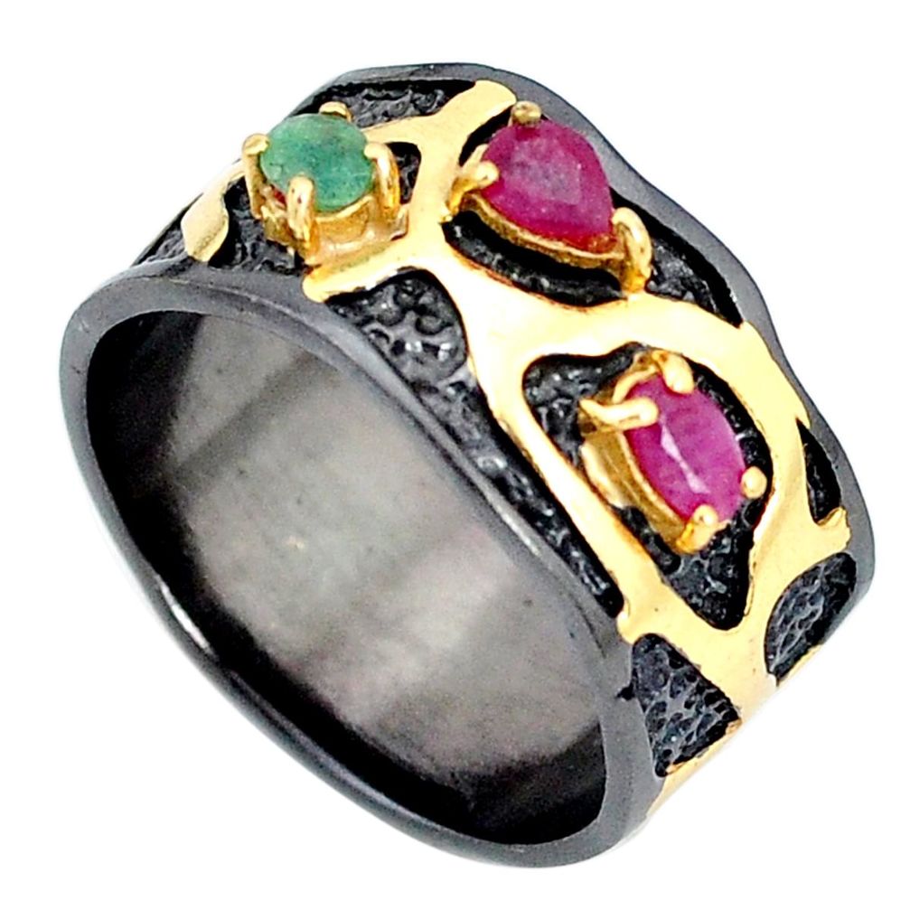 0.88cts rhodium natural red ruby emerald silver 14k gold ring size 7.5 p32761