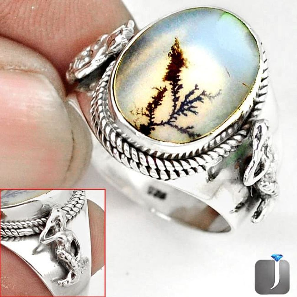 SCENIC RUSSIAN DENDRITIC AGATE OVAL 925 SILVER FAIRY MERMAID RING SIZE 9 G52447