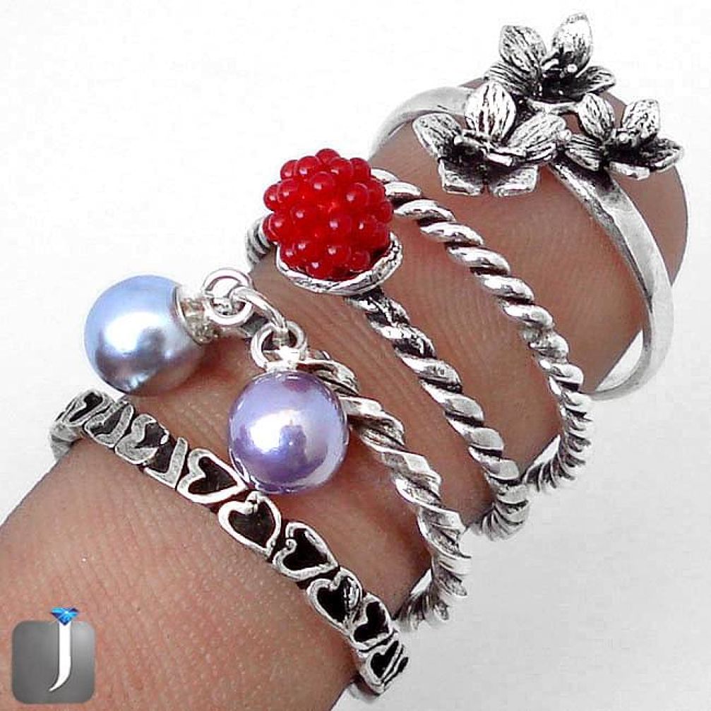 SILVER PEARL CORAL 925 SILVER STACKABLE FLOWER CHARM 5 BAND RING SIZE 8 G77953