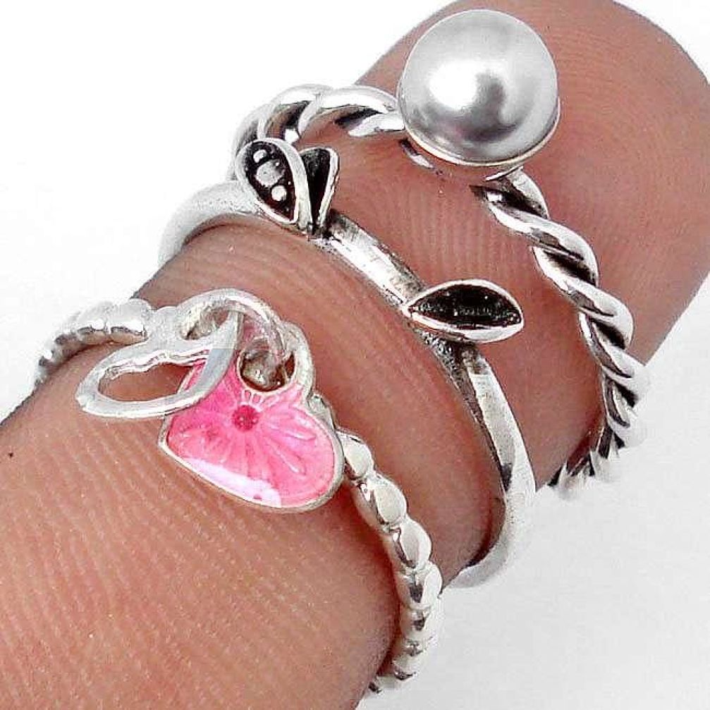 SILVER PEARL ENAMEL 925 STERLING SILVER STACKABLE HEART 3 BAND RING SIZE 7 H9928
