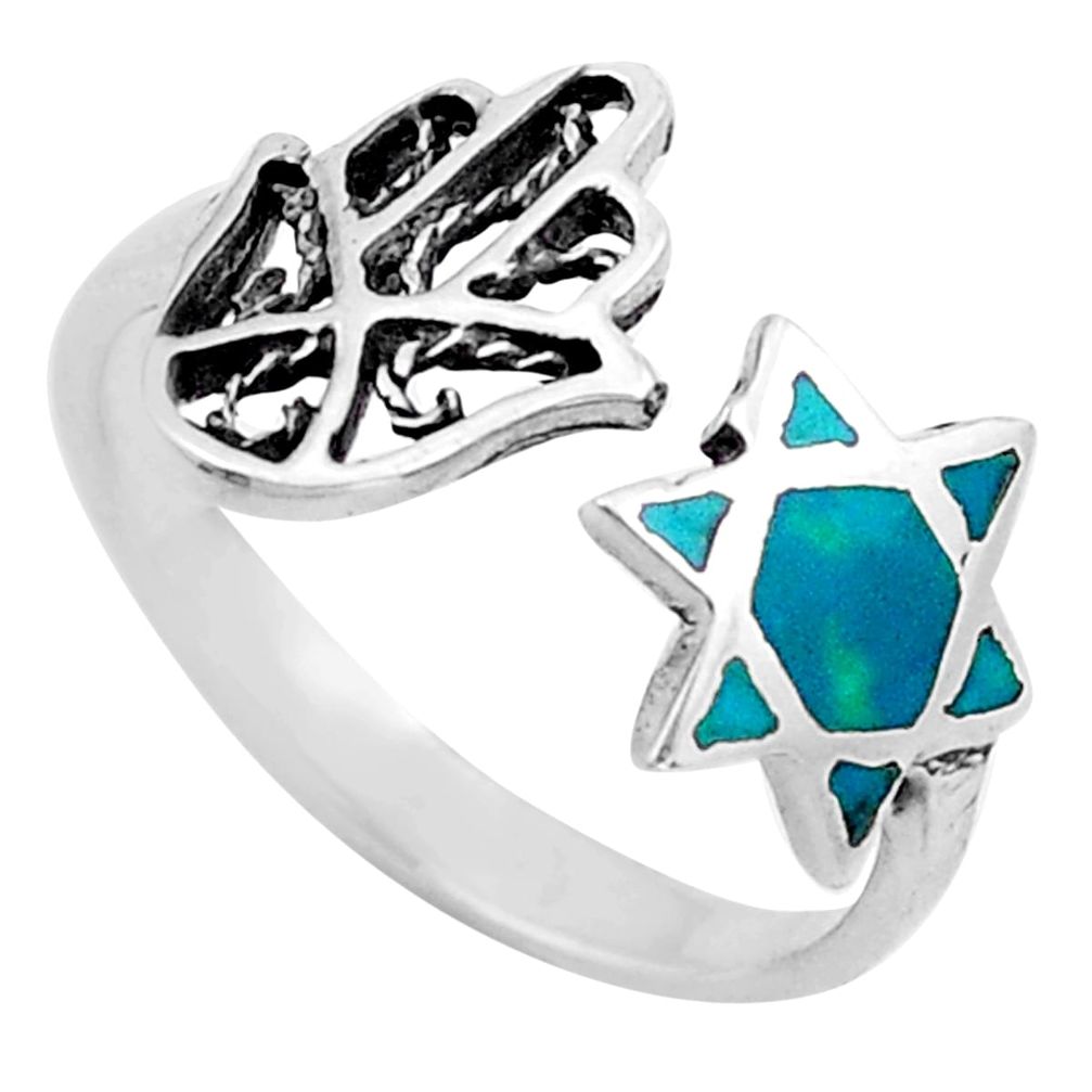 Southwestern natural turquoise tibetan silver hand of god ring size 6 c4856