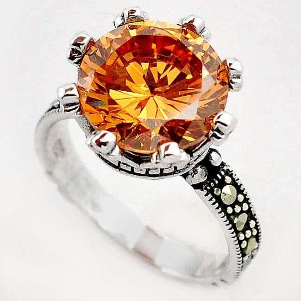 SUPERIOR CHAMPAGNE TOPAZ ROUND MARCASITE 925 STERLING SILVER RING SIZE 9 H10894