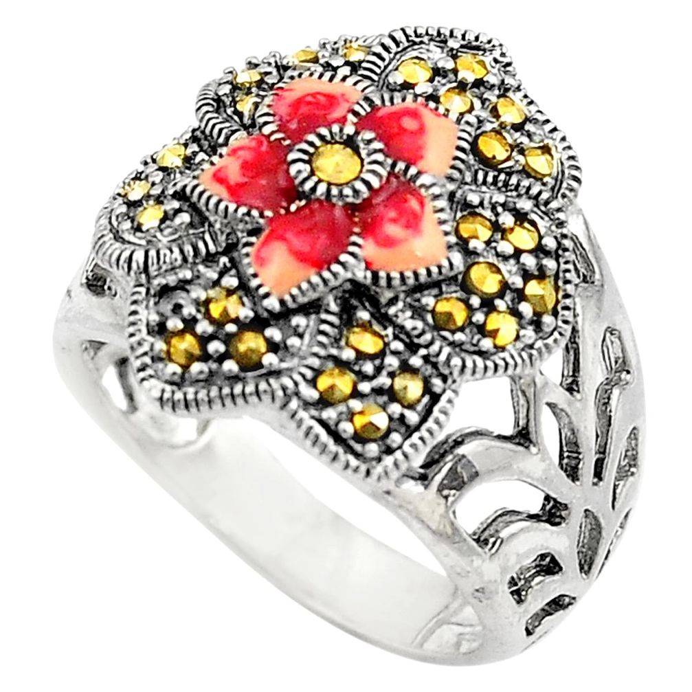 6.89gms swiss marcasite enamel 925 sterling silver flower ring size 6 c4089