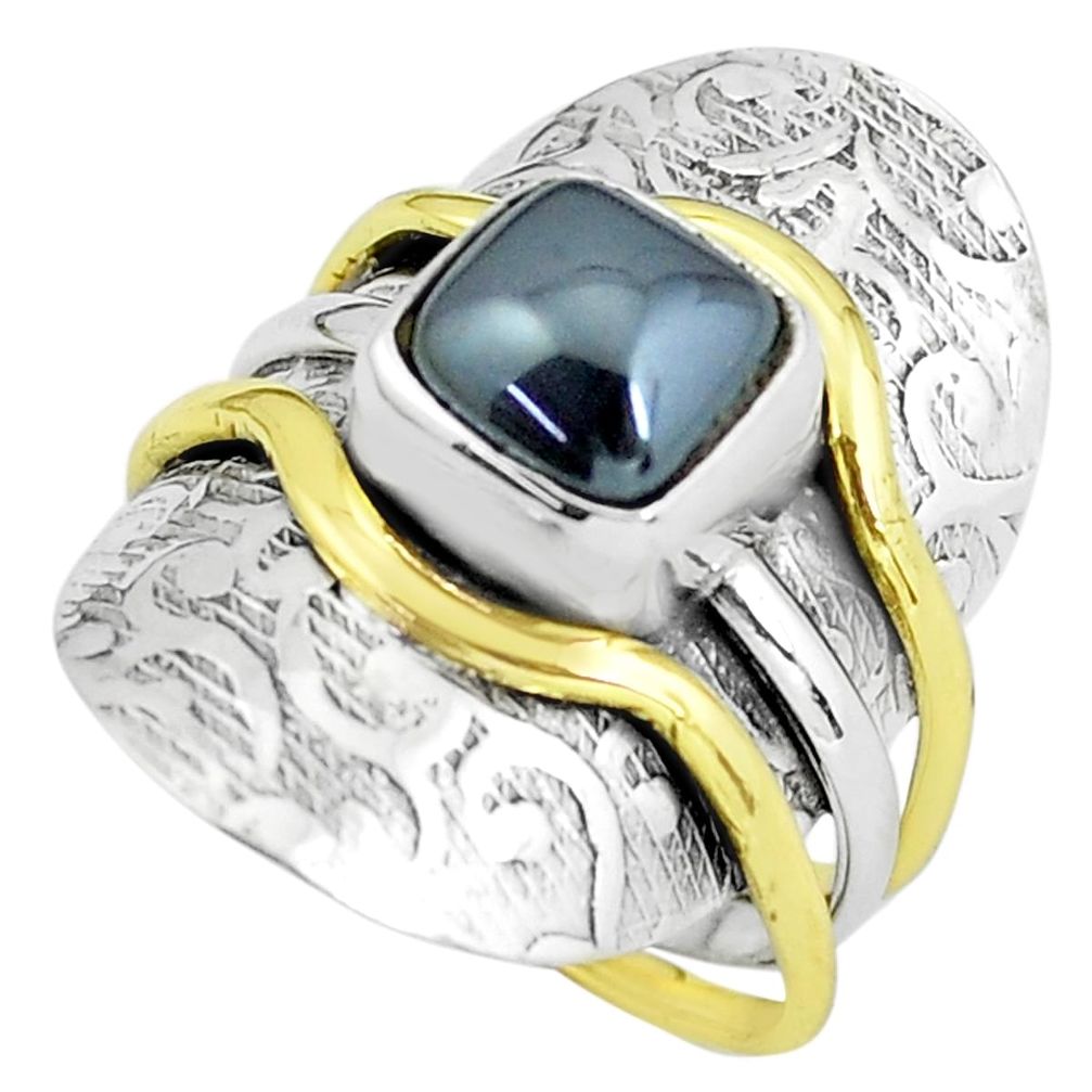 4.01cts victorian natural black hematite 925 silver two tone ring size 8 p61310