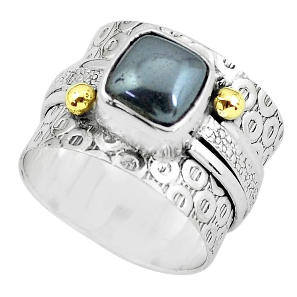 3.73cts victorian natural black hematite silver two tone ring size 7.5 p61283