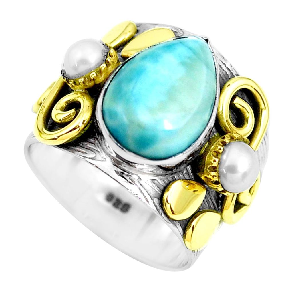 6.79cts victorian natural blue larimar 925 silver two tone ring size 8.5 p48351