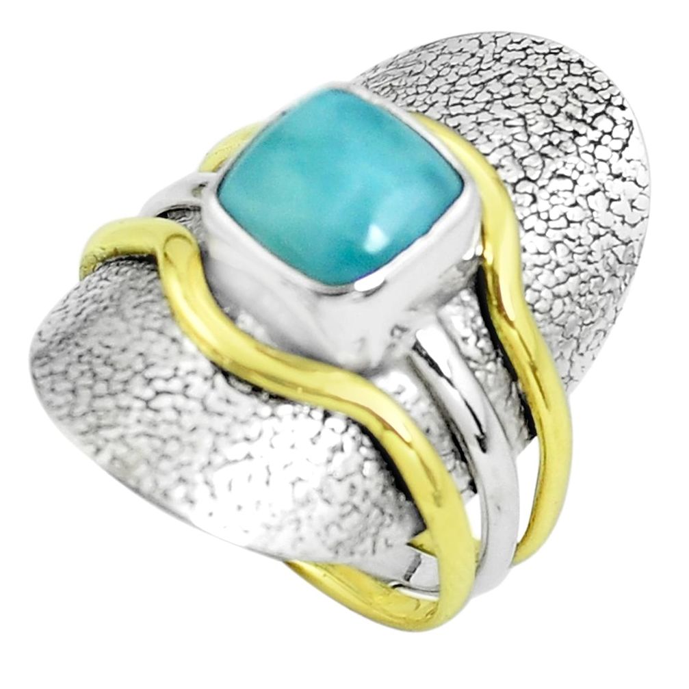 Victorian natural blue larimar 925 silver two tone solitaire ring size 8 p61943