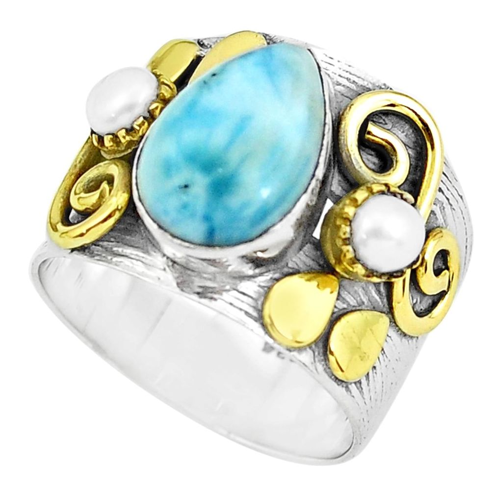 Victorian natural blue larimar silver two tone solitaire ring size 8.5 p60906