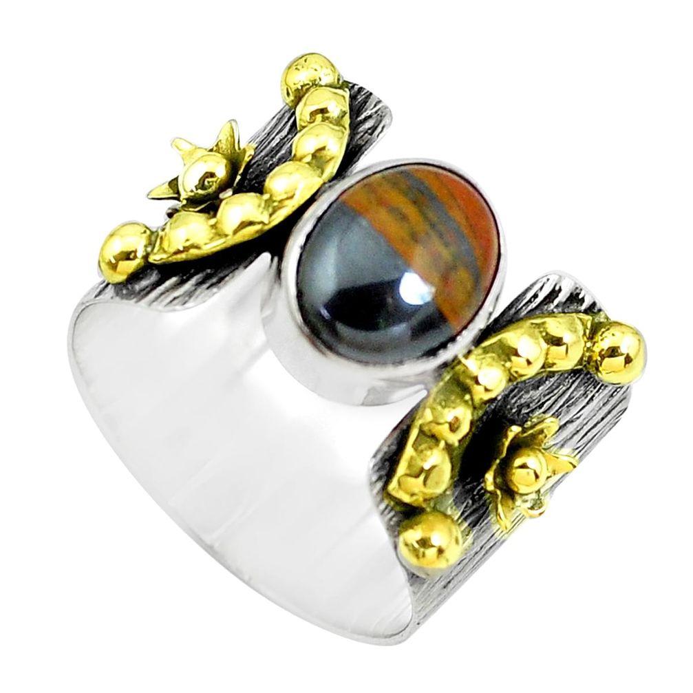 Victorian natural brown tiger's hawks eye silver two tone ring size 9.5 p50613