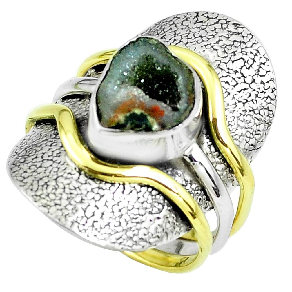 Victorian natural geode druzy 925 silver two tone solitaire ring size 8 p61932