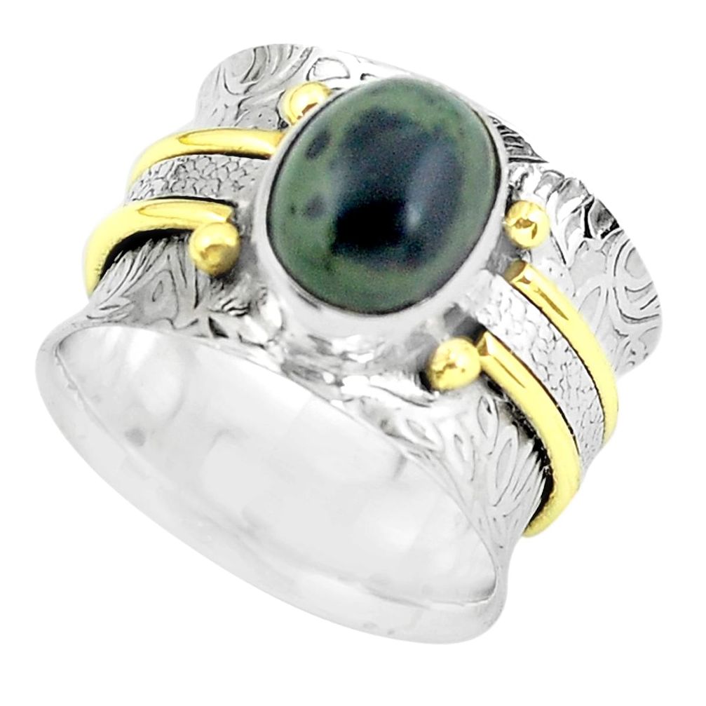 Victorian natural green kambaba jasper 925 silver two tone ring size 7.5 p61302