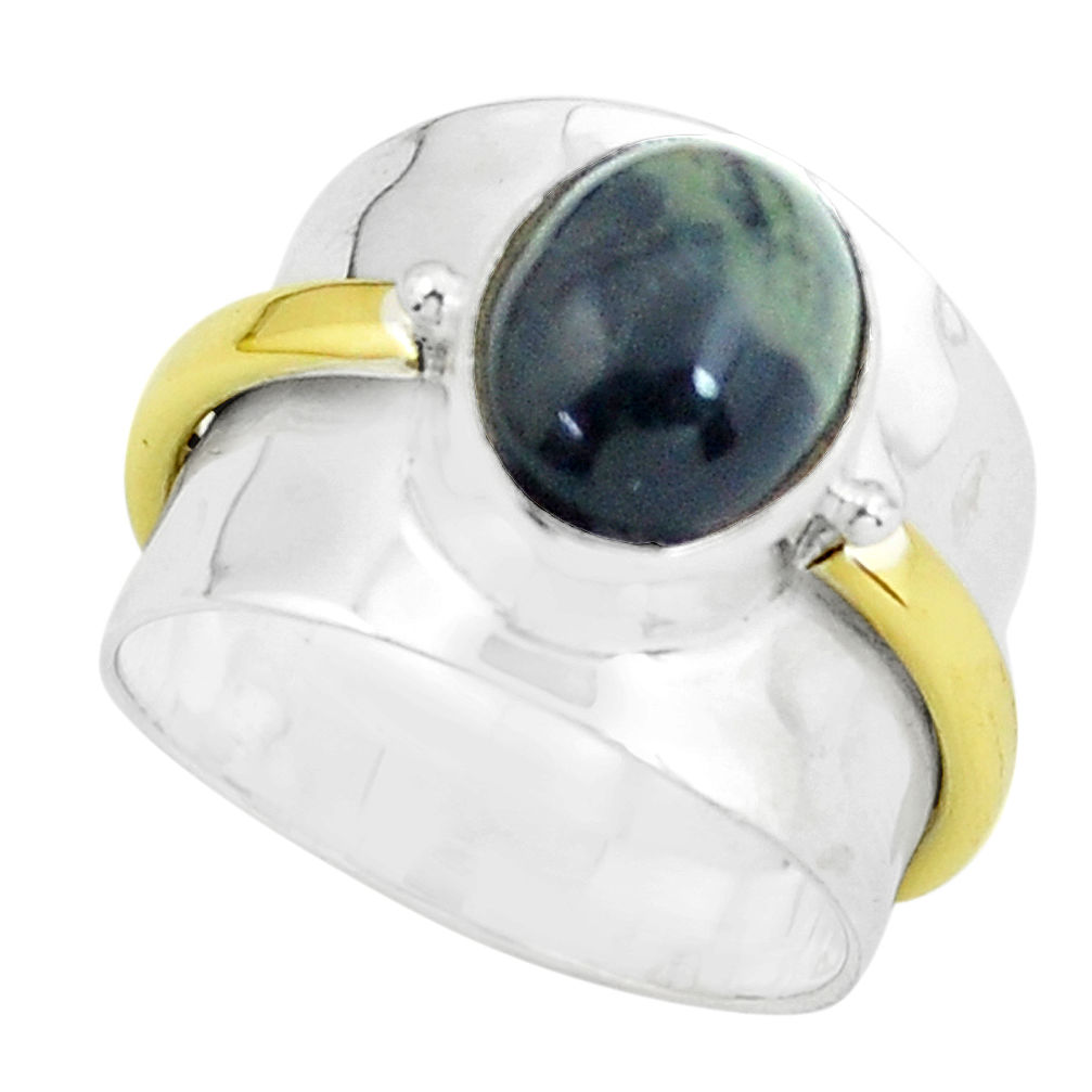 Victorian natural green kambaba jasper 925 silver two tone ring size 6.5 p61303