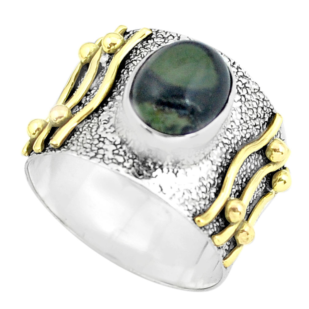 Victorian natural green kambaba jasper 925 silver two tone ring size 9 p61304