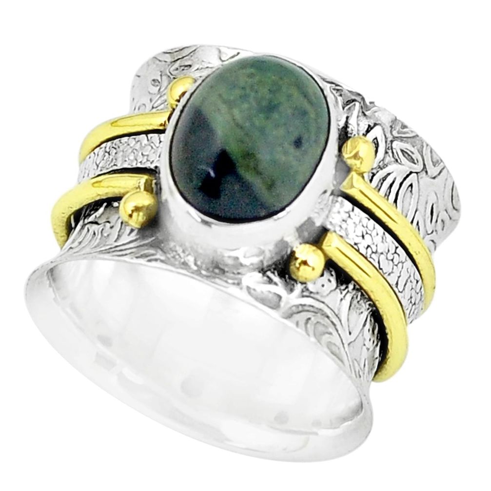 Victorian natural green kambaba jasper 925 silver two tone ring size 6.5 p61307